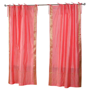 Pink  Tie Top  Sheer Sari Cafe Curtain / Drape / Panel  - 43W x 36L - Pair