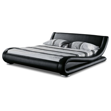 Modern Marlo Black Genuine Leather Queen Size Platform Bed