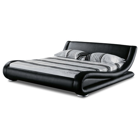 Modern Marlo Black Genuine Leather Queen Size Platform Bed