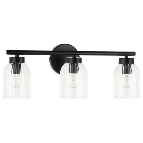 Vienna 3 Light Incandescent Vanity, Matte Black, Clear Ribbed Glass