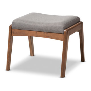 Roxy Walnut Wood Finish Fabric Upholstered Ottoman Midcentury