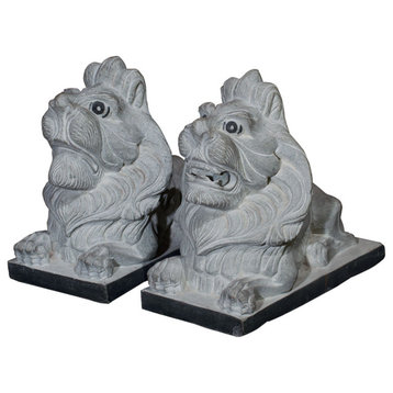 11"Stone Chinese Lion Couchant Statue Set