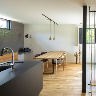 札幌の北欧風 LDKの画像 (グレーの壁、淡色無垢フローリング、ベージュの床)