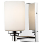 Z-LITE - Z-LITE 485-1S-CH 1 Light Wall Sconce, Chrome - Z-LITE 485-1S-CH 1 Light Wall Sconce,Chrome The clean lines of the Soledad vanity collection use white opal glass shades on chrome or matte black full sized wall plates to create a contrasting design. The fixtures are available in 1 to 5 light and can be mounted facing up or down.Style: Transitional, sleek, MetropolitanFrame Finish: ChromeCollection: SoledadShade Finish/Color: WhiteFrame Material: SteelShade Material: GlassActual Weight(lbs): 3Dimension(in): 4.5(W) x 7.5(H) x 6(L)Bulb: (1)100W Medium Base(Not Included),DimmableVanity/Sconce Dual Mount (up and Down): YesUL Classification: CUL/cETLuUL Application: Damp