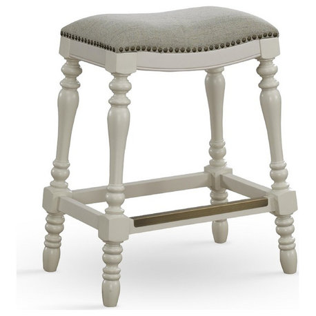 Comfort Pointe Hampton Beige Fabric Saddle Seat White Wood Frame Counter Stool