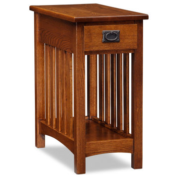 Traditional Mission Side Table, Narrow Design With Drawer & Shelf, Wood Grain