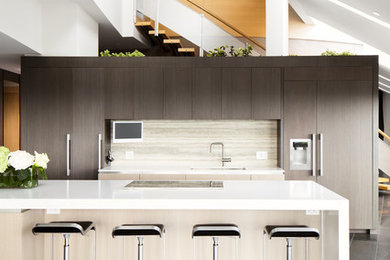 Photo of a contemporary galley kitchen in Vancouver with flat-panel cabinets, dark wood cabinets and limestone splashback.