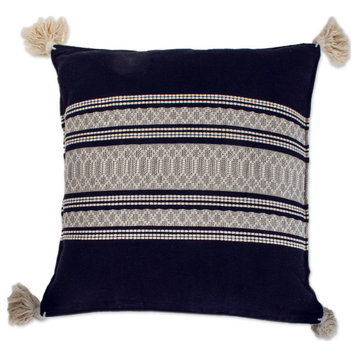 Novica Cotton Cushion Cover Oaxaca Frets In Navy