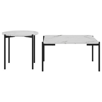 Arlo Marbled Finish Top Coffee and Side Table Set, White Marble