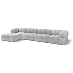 Meridian Furniture - Ames Boucle Fabric L-Shaped Modular Sectional, Grey, 5-Piece: 2 Armless Chair, 2 Corner Chair, 1 Ottoman - Introduce a touch of modern sophistication to your living area with the exquisite Ames Boucle Fabric Sectional. With plush grey boucle fabric and unique design, it will elevate the visual appeal of your living space. This elegant and captivating sectional can be mixed and matched with other pieces from the collection to create an endless array of stunning looks. So, get ready to transform your living area into an inviting and stylish haven with the Ames Boucle Fabric Sectional.