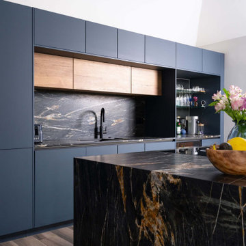 Blue and Oak Handleless Kitchen in Northwood