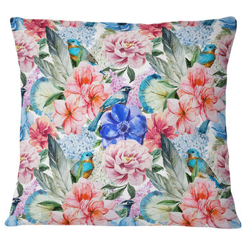 Colorful Flowers and Birds Watercolor Flower Throw Pillow, 16"x16"