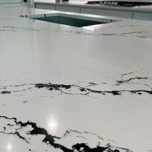 Oakleigh Quartz squared edge countertop from Cambria Kitchen island