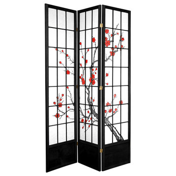 Traditional Room Divider, Rice Paper With Cherry Blossom Print, Black/3 Panels