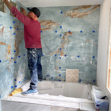 Bathroom Remodel; Huge Blue Tiles; Luxury shower and tub
