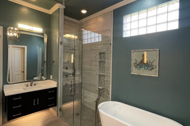 Inspiration for a mid-sized modern master porcelain tile, gray floor and single-sink bathroom remodel in Dallas with blue cabinets, blue walls, an undermount sink, quartz countertops, a hinged shower door, white countertops and a built-in vanity
