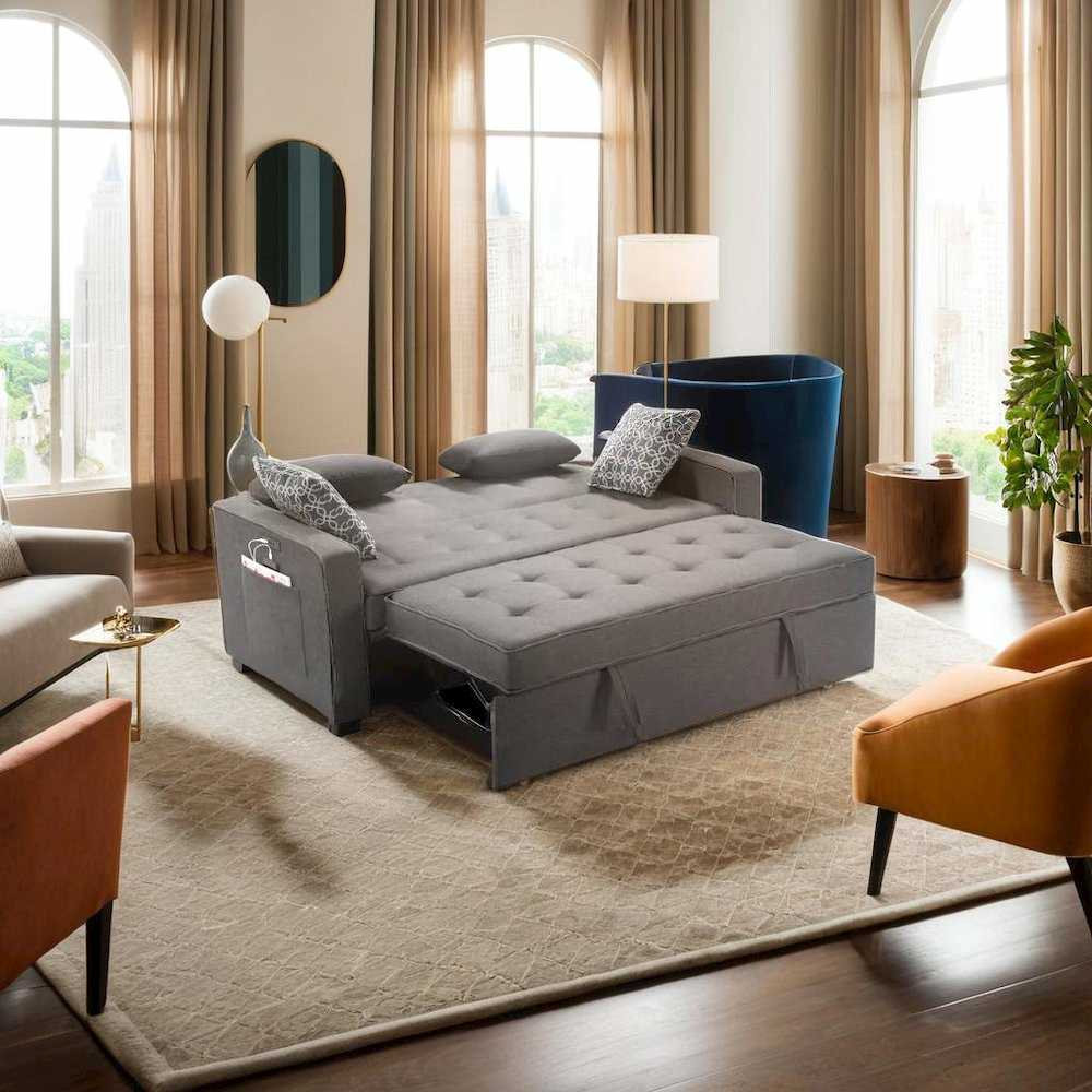 Modern Gray Fabric Sleeper Sofa Featuring USB Ports and Decorative ...