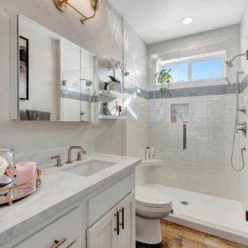 Newport Beach Master Bathroom Remodel with Frameless Walk-In Shower & White Shak