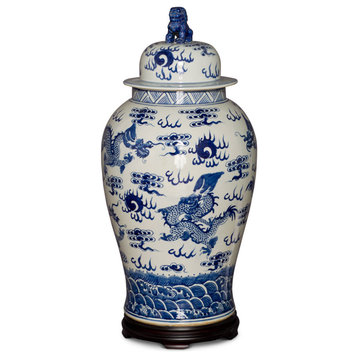 29"H Blue and White Porcelain Dragon Motif Ginger Jar