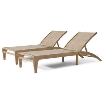 Stetson Outdoor Acacia Wood and Flat Wicker Chaise Lounge, Two (2) Chaise Lounges