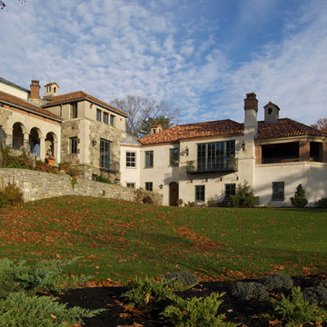 View of rear of original 1932 house and new addition, facing the pond