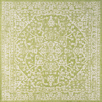 Malta Boho Medallion Textured Weave Indoor/Outdoor, Green/Cream, 5' Square