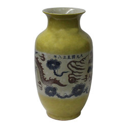 Handmade Ceramic Chinese Dragon Motif Yellow Glaze Vase - Vases
