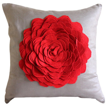 Brown Faux Suede Fabric 16x16 3D Red Felt Origami Rose Pillow Cover, Red Rose