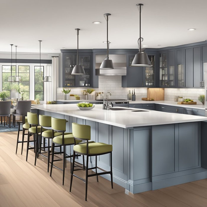 A kitchen with gray cabinets