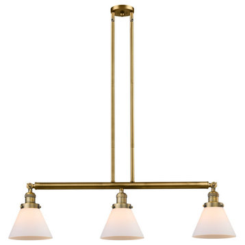 Large Cone 3-Light Island Light, Matte White Cased Glass, Brushed Brass