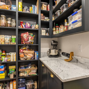 This is an example of a mid-sized modern kitchen pantry in Portland with shaker cabinets, black cabinets, marble benchtops, white splashback, marble splashback, light hardwood floors and white benchtop.