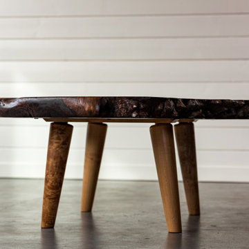 Black Walnut Live Edge Round Coffee Table | Burled Oregon Walnut | Maple Tapered
