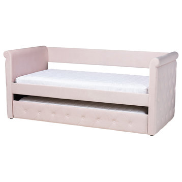 Alana Contemporary Velvet Daybed With Trundle, Light Pink, Twin