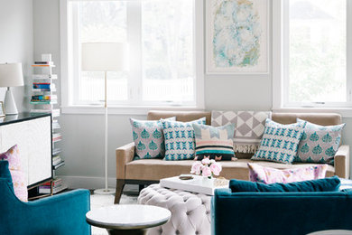Example of an eclectic open concept dark wood floor living room design in Denver with gray walls