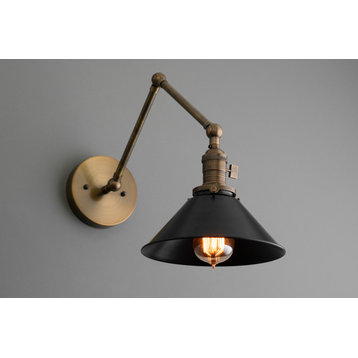 Black Shade,  Adjustable Wall Sconce, Antique Brass