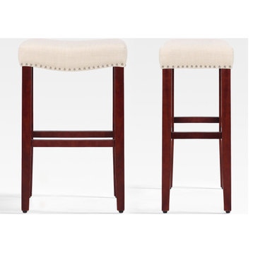 WestinTrends 2PC 29" Upholstered Saddle Seat Bar Height Stool Set, Bar Stools, Cherry/Beige