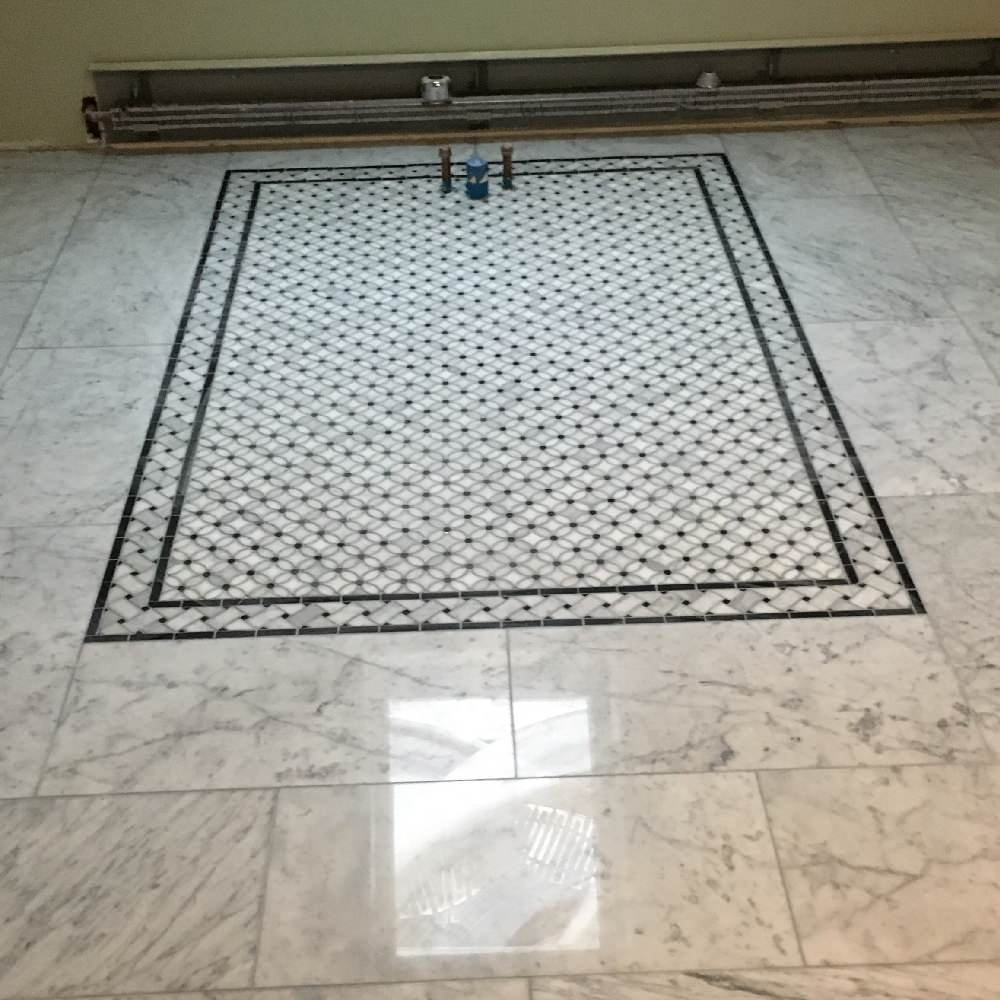 Carrara Marble Basketweave Listello Border Black Dots Polished 4x12, 1 sheet
