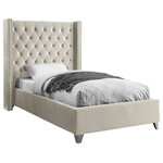 Meridian Furniture - Ames Velvet Bed, Cream, Twin - Elegant and eye-catching, the stunning Aiden Bed from Meridian Furniture is the perfect addition to any bedroom. Rich velvet covers the deep tufted design. A beautiful wing bed design is complimented by hand applied chrome nail head details. Strength and beauty is guaranteed with a solid wood frame and stainless steel legs.