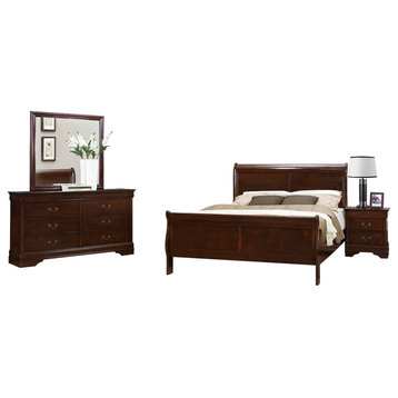 4-Piece Modern Cal King Bed, Dresser, Mirror, Nightstand, Burnish Cherry