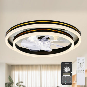 Black Flush Mount LED Ceiling Fan with 2-Lights and Remote Control