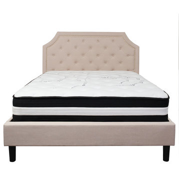 Queen Size Tufted Platform Bed in Beige with Pocket Spring Mattress