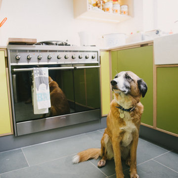 The Oubridges: Green & Yellow Laminated Plywood Kitchen