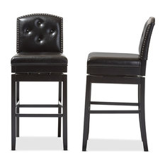 Baxton Studio - Ginaro Button-Tufted Upholstered Swivel Bar Stools, Set of 2, Brown Faux Leather - Bar Stools and Counter Stools
