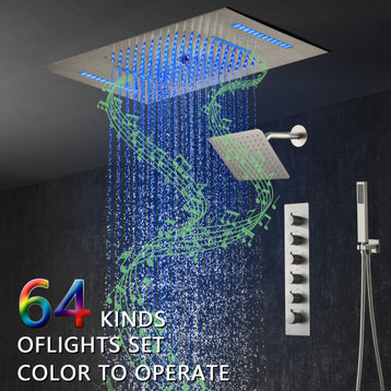 Dual Heads LED Music Thermostatic Shower System with Hand Shower, Brushed Nickel, 23 in. X 15 in.