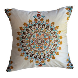 KH Window Fashions, Inc. - Embroidered Medallion Pillow, Blue/Orange/Brown, 18"x18", Without Insert - Decorative Pillows