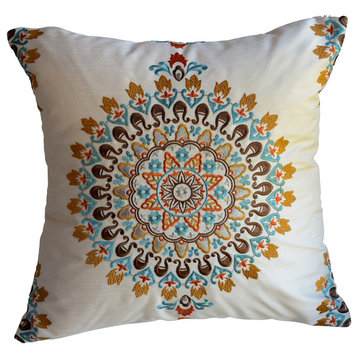 Embroidered Medallion Pillow, Blue/Orange/Brown, 18"x18", Without Insert