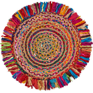 Multicolored Chindi and Organic Jute Fringed Round Rug, 5'6" Round