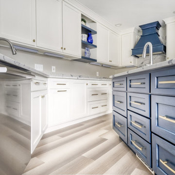 Navy Stained Island, Hood vent and Floating Shelves in White Shaker Kitchen