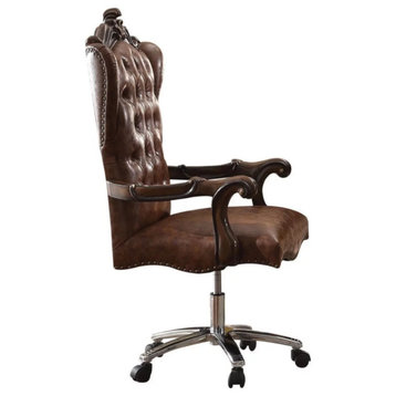 Classic Office Chair, Button Tufted Backrest & Nailhead Trim, Cherry Oak/Brown