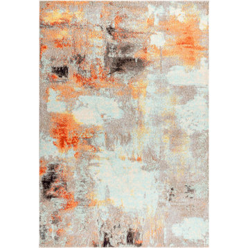 Contemporary POP Modern Abstract Vintage Area Rug, Cream/Orange, 5 X 8